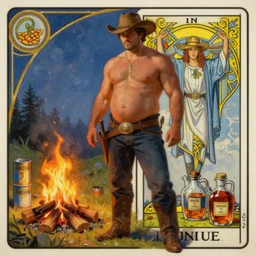 a dramatic, epic, ethereal tarot painting of a handsome shirtless cowboy with a chunky build and belly | background is a serene campfire | cans of beans and jugs of whisky | tarot card, art deco, art nouveau | by Mark Maggiori | trending on artstation