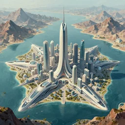 a futuristic city surrounded by water and mountains, a detailed matte painting by Zaha Hadid, trending on cgsociety, retrofuturism, matte painting, concept art, artstation