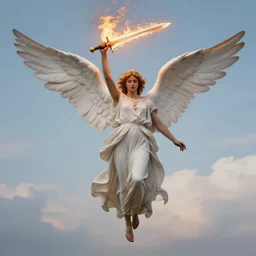 epic portrait of an angel holding a flaming sword above his head, flying in the sky