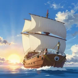 one piece ship sailing, dynamic sky, sun sunset, with blue light piercing through clouds, makoto shinkai, royal blue colors, lighting refraction, volumetric lighting, pixiv art, highly detailed, anime art, symmetrical, wlop, anime art