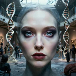 detailed face of a woman with obsidian eyes in a biomorphic courtyard with dna sculptures at a science expo, atmospheric, ambient, pj crook, syd mead, livia prima, artgerm, greg rutkowski, nick alm, casey baugh