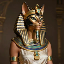 egyptian, anthropomorphic cat woman, stylish, with gold elements, model elegant