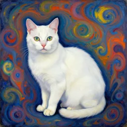 white cat by franz marc, in the style of, louis wain, background vibrant, coloured, mystical swirls, full hd
