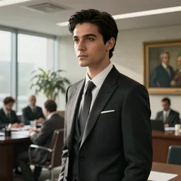 detailed cinematic wide shot of sucession atractive man black hair black suit smooth, sharp focus, ultra realistic, in corporate office spring light, painting by gaston bussiere, craig mullins, j. c. leyendecker