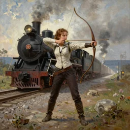 Katniss Everdeen standing on a railway, aiming her bow and arrow at an approaching steam locomotive, painting by William-Adolphe Bouguereau