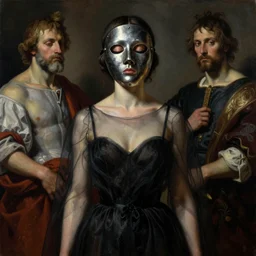 The waist-high portrait of beautiful woman with closed eyes in steel full-face occult mask and black transparent dress by Ilya Repin, William Blake, Michelangelo da Caravaggio and Beksinski, highly detailed oil painting, trending by artstation, fantasy character, 4k, masterpiece