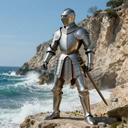 greek statue of a Templar knight with ornate engraved armor holding his sword in a battle ready stance looking out over a Cliffside with crashing waves on the shore, synthwave, 4k