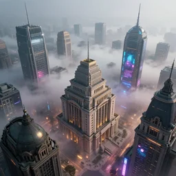 hyperrealistic matte painting of grand buildings above a mysterious and lively fog, classical architecture, ancient buildings, by hubert robert and hugh ferris and noriyoshi ohrai, city lights, cyberpunk style, cyberpunk ads, technological, octane render, intricate, fine detail, polished, futuristic, artstation, cgsociety