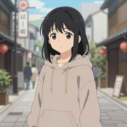 black haired girl wearing hoodie, city, anime fantasy artwork, kyoto animation