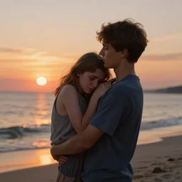 a boy holding an emotional girl on the beach, sunset, extremely detailed, raytracing, art by artgerm, greg rutkowski and alphonse mucha, artstation