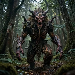 an incredibly scary and very very unique monster creature of evil nature with animal, human and tree like characteristics, ancient folk legend in the forest, extremely creative and detailed, gloomy colors, 1 8 mm lens, digital medium format photography