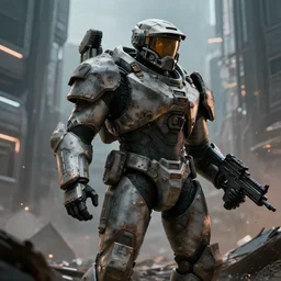 photo of an ODST in battered armor in a war-torn futuristic city, trending on artstation, highly detailed, cinematic lighting, cinematic angles, 8k