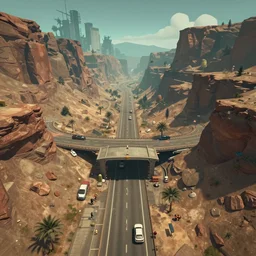 A highway interchange about a megamall entrance in a desolate canyon, portal 2 screenshot, outer wilds screenshot, satisfactory screenshot, digital art, artstationhq, by Jordan Grimmer and Victor Mosquera