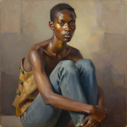 portrait, ethnic, realistic face sculpted features, thin and statuesque model, hugging knees, urban outfit with jacket with rows of buckles, jeans, warm glow, radiant, bathed in light, chiaroscuro, specular highlights, angular impressionism, natural color scheme, earthy tones, modern fashion, contemporary art, gestural oil on canvas