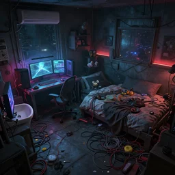 a highly detailed illustration of a messy gamer's bedroom, tangled wires, dim lights, messy bed, a sink, cyberpunk, dystopian,