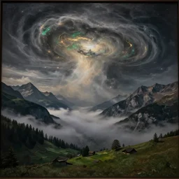 a beautiful digital artwork of a swiss landscape with dream asperitas clouds converging into a nebula, fog, dark, volumetric lighting, tall mountains in the background, night, very detailed, cirrus, green accents, gold accents, washed out colors, ultrarealistic, master level composition, exhibit at the louvre museum