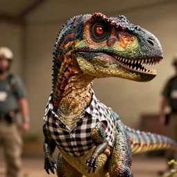 a sexy velociraptor wearing a checkered shirt, movie still from jurassic park, 1 9 9 0, high detail