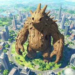 birds eye view of a gigantic drift wood monster looming over a bright and lush futuristic city by Makoto Aida