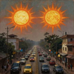 gothpunk dhaka city under twin suns , Dhaka traffic, realistic painting, classical painting, high definition, digital art, matte painting, vibrant, mystical, fantasy art, very detailed, realistic