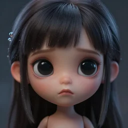 little alien girl with big sad black eyes and dark hair, bangs cover half of her face, sci - fi, 3 d, photorealistic, ultra - details