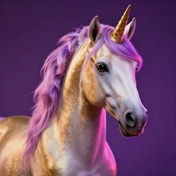 beautiful Unicorn in gold and purple pink soft lighting, symmetrical portrait, high quality, cinematic by WLOP and Rossdraws, concept art of the character. Epic composition, hyperrealism, award-winning artwork, realistic hair, artstation trend, high quality printing, fine art with subtle redshift rendering