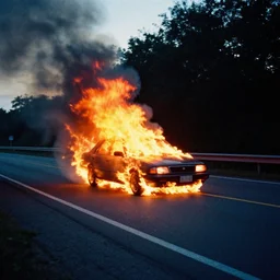 a car burning on the side of the road, high contrast, shot on film, 3 5 mm, film still, vibrant