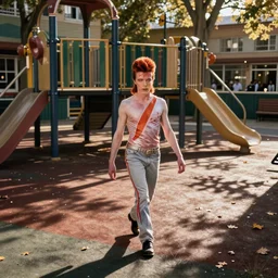 david bowie goes skipping in a school playground