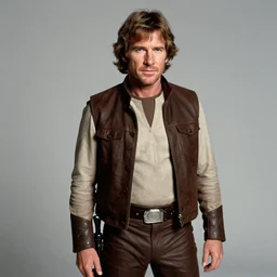 the full figure portrait of harrison ford playing han solo 1 9 8 3. he is wearing his smuggler costume from the star wars movies. he is in the photo studio standing alone, hyper realistic face nikon d 8 5 0. sigma 8 5 mm f 1. 4 dg hsm a. aperture f / 3. 5. shutter speed 1 / 6 0. iso 1 6 0 0