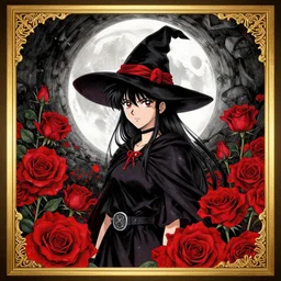golden elements at borders, portrait, A young witch in front of the full big moon, creative book cover, winner of design award, red roses, red white black colors, establishing shot, extremly high detail, foto realistic, cinematic lighting, pen and ink, intricate line drawings, by Yoshitaka Amano, Ruan Jia, Kentaro Miura, Artgerm, post processed, concept art, artstation, matte painting, style by eddie, raphael lacoste, alex ross