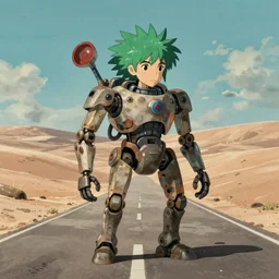 a study of a cell shaded cartoon of a mechanized punk with green hair from howl's moving castle ( 2 0 0 4 ), on a desert road, full body, wide shot, very muted colors, post grunge, studio ghibli, laurie greasley, highly detailed, deviantart, art by artgem