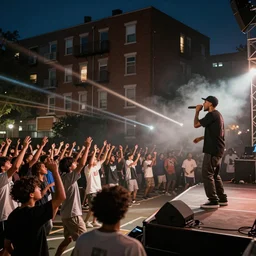 photorealistic render of an old school hip hop concert taking place on a basketball court at night behind a large brick apartment from the view of a rapper that is standing on stage yelling into the mic looking out into a crowd of people dancing with their hands in the air, a dj with audio equipment at the back of the stage, photorealistic, octane render, unreal engine, foggy, light streaks
