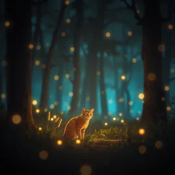 a cat in a forest at night with fireflies, backlighting, trending on artstation, night lighting, cgi, bokeh
