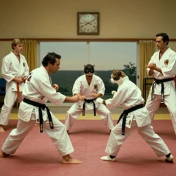 two gangs of cats fighting using karate. scorsese, wes anderson, kodachrome, fred herzog. epic view. cinestill film tones, by chesley bonestell, vincent di fate