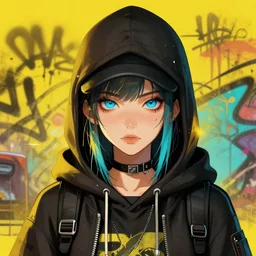 highly detailed portrait of a sewerpunk pretty young adult lady, blue eyes, hoody, hat, by atey ghailan, by greg rutkowski, by greg, tocchini, by james gilleard, by joe fenton, by kaethe butcher, gradient yellow, black, brown and cyan color scheme, grunge aesthetic!!! ( ( graffiti tag street background ) )