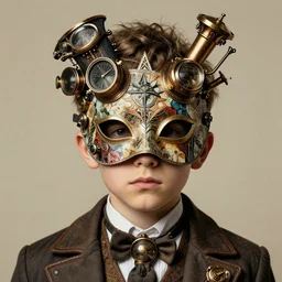 steampunk boy with a super detailed and intricate mask, collage in the style of hannah hoch