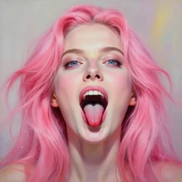pink - haired woman, mouth opened, soft psychedlic body painting, no makeup, detailed lips, ahegao face, tongue out, wide eyes looking up, detailed frontal declotage and thick flowing hair, by gil elvgren, julie bell, and randolph stanley hewton, fantasy, photorealism, splatter, bleed, epic lighting, hyperrealism, 8 k