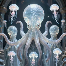 group of mankind species mages with big translucent octopus heads and translucent jellyfishes floating around inside an ancient mage castle hall colossal scale, gothic and baroque, brutalist architecture, ultradetailed, Intricate by Ellen Jewett and Josan Gonzalez and Giuseppe Arcimboldo