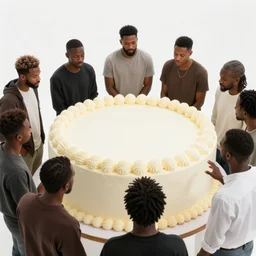 several black guys surrounding a big cake. ultra realistic.