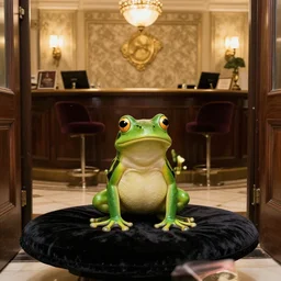 a small frog standing on two feet at the hotel reception entry, black velvet, edgar leeteg
