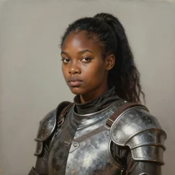portrait painting of a round - faced black badass young woman with a ponytail wearing a battered gambeson, sharp focus, award - winning, trending on artstation, masterpiece, highly detailed, intricate. art by rebecca guay