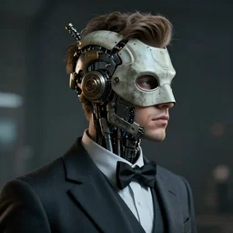 a curious young engineer man with cybernetic enhancements wearing a suit and bowtie, detailed mask, scifi character portrait by greg rutkowski, esuthio, craig mullins, 1 / 4 headshot, cinematic lighting, dystopian scifi gear, gloomy, profile picture, mechanical, half robot, implants, steampunk