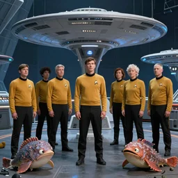 a starfleet crew consisting entirely of anthropomorphic sea creatures on the deck of the starship enterprise, highly detailed, photorealistic
