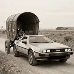 a monochromatic sepia photograph of a delorean in a pioneer caravan, trending on art station,
