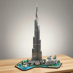 detailed lego build of burj khalifa, dubai on basement table, professional photo, professional lighting, HDR