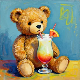 mr beans teddy drinking a pina colada, art by jackson pollack