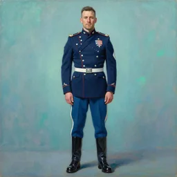 full body portrait of the dictator of the minnesota timberwolves, 1 8 8 9, in full military garb, midnight blue, lake blue, moonlight grey and aurora green, oil on canvas by william sidney mount, trending on artstation