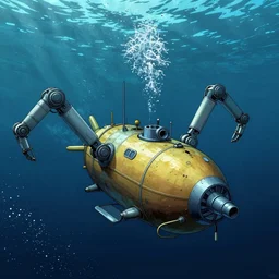 under water ocean exploration station and a pod submarine with robot arms in deep ocean, by john berkey, by mike mignola