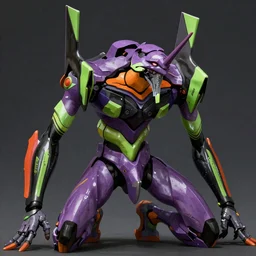 a long shot of a jaeger which based on the concept of evangelion unit 01, green + orange + purple, with tail, animal style head, in the style of the movie pacific rim, detailed, 4k, painted by Ashley Wood