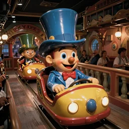1990s photo of inside the Crazy Joe's Mystery House Show ride at Universal Studios in Orlando, Florida, riding Joe's head through Joe's funny happy world dreams, cool lights, cinematic, UHD