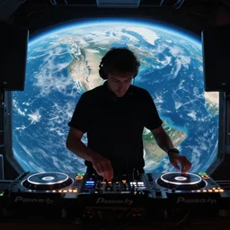 dj set on a spaceship, earth in view